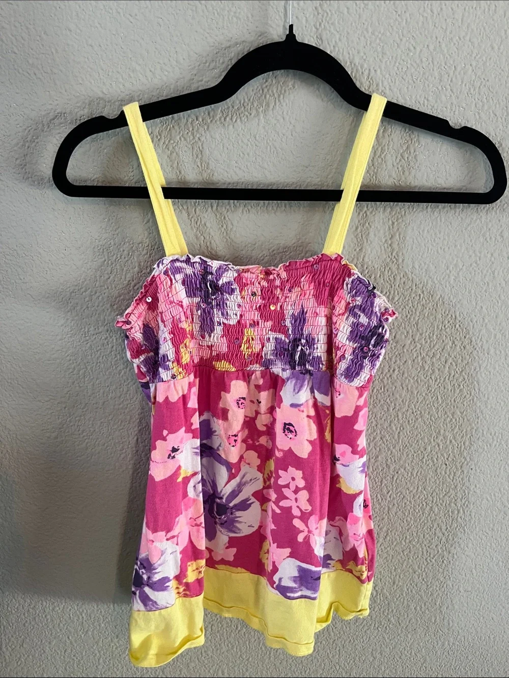 Justice Pink Floral Tank Top with Yellow Trim